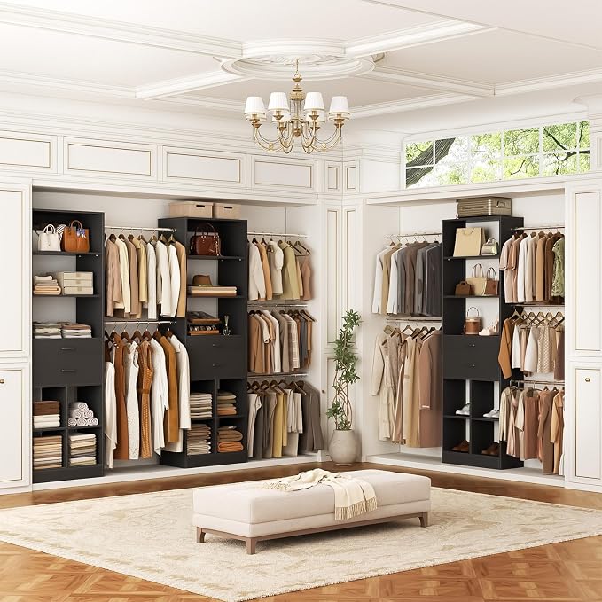 Besiost Closet System, 4-8 FT Closet Organizer Systems with 2 Wooden Drawers and 5 Hanging Rods, Can Fit 60 to 96 inch Walk-in Closet System, Black