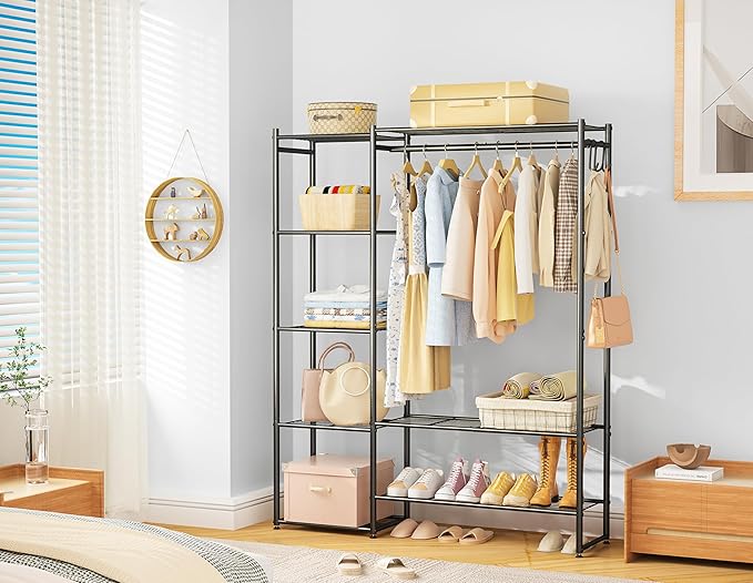 Closet Wardrobe, Closet Organizers and Storage System, Metal Clothes Rack | All in one, With 4 Tiers Shelves, Portable & Free Standing, for Hanging Clothes, for Cloakroom Bedroom