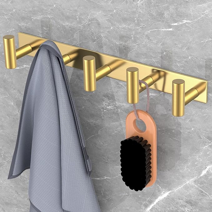 PMMASTO Coat Rack Wall Mounted, 5 "T Shaped Wall Hooks for Hanging, Heavy Duty Stainless Steel Coat Hook Rail for Hat Towel Robes in Bathroom Kitchen Mudroom Entryway (Gold, 2 Pack)