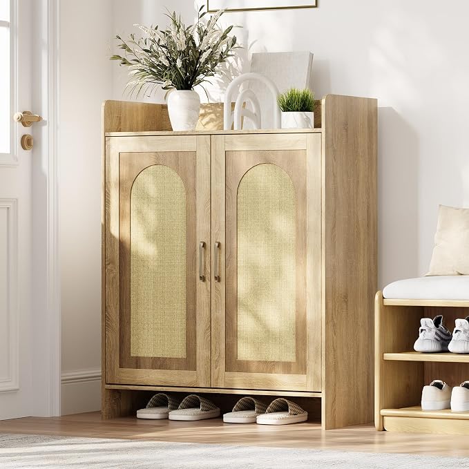Garvee Shoe Cabinet Storage for Entryway, Rattan Storage Cabinet, Wooden Shoe Rack with 2 Doors, Farmhouse Boho Wood Shoe Organizer Cabinet for Entrance Hallway Living Room Foyer