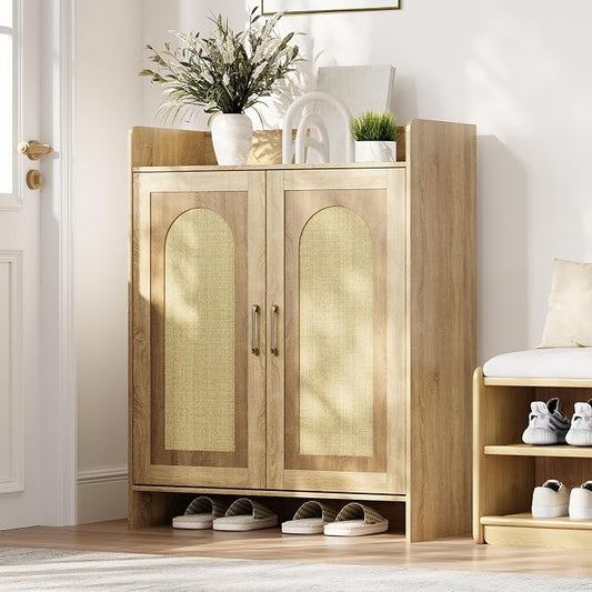 Garvee Shoe Cabinet Storage for Entryway, Rattan Storage Cabinet, Wooden Shoe Rack with 2 Doors, Farmhouse Boho Wood Shoe Organizer Cabinet for Entrance Hallway Living Room Foyer