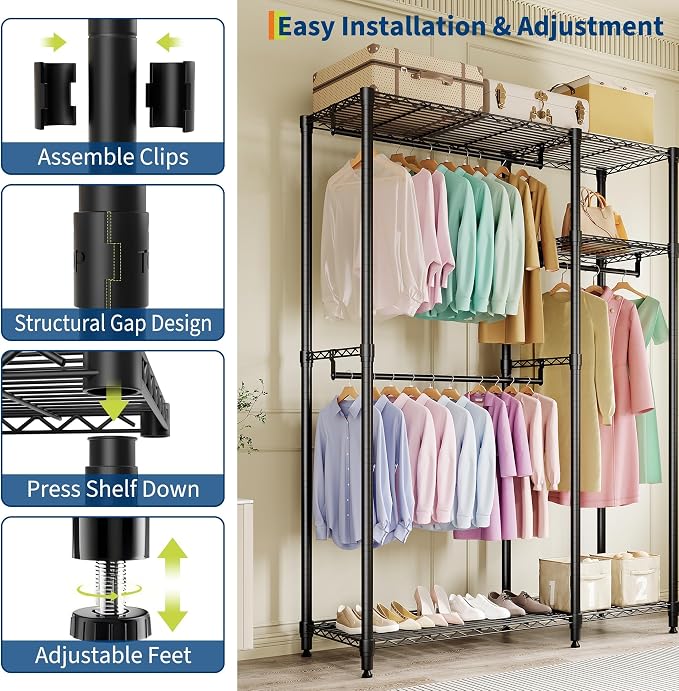 Heavy Duty Garment Rack 700LBS Load Clothes Rack for Hanging Clothes Wardrobe Closet with Adjustable Shelves & 2 Hanging Rods 43" D x 15" W × 76'' H Black