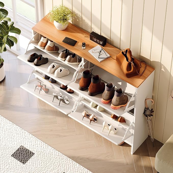 VINGLI Shoe Cabinet for Entryway, Slim Shoe Storage Cabinet with 4 Flip Drawers & Oak Top, Modern Hidden Shoe Rack Organizer, Narrow Shoe Cupboard for Hallway, White, 42 Inch