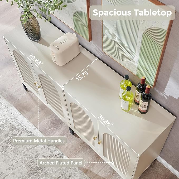 IFGET 123.5" W Modern Arched Sideboard Buffet Cabinet with Storage, Cream | Fluted Arch Sideboard Cabinet w/Adjustable Shelves, Wooden Modular Kitchen Cabinet for Dining& Living Room, Kitchen, Entryway