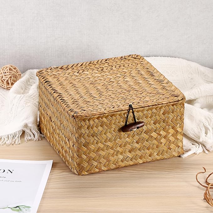 Hipiwe Handwoven Wicker Shelf Basket Bin with Lid Decorative Baskets Box | Multipurpose Seagrass Baskets Organizer, Square Household Storage Basket for Shelf Living Room Bathroom, Small Caramel