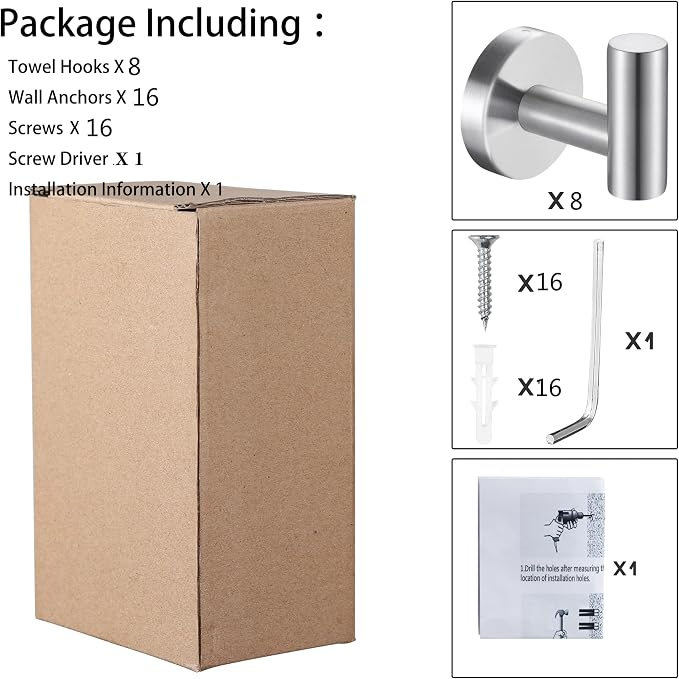 8 Pcs Silver Bathroom Towel Hook Robe Towel Hooks Coat Wall Hook Stainless Steel Heavy Duty Door Hanger Towel Robe Clothes Cabinet Closet Sponges Hook for Bathroom Bedroom Kitchen Hotel Pool