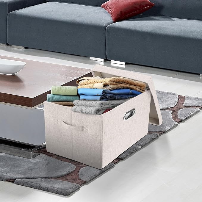 Large Storage Bins with Lids, Collapsible, Washable, Fabric Storage Boxes for Organizing, 17.3x11.8x11.4 inches, 3 Pack, Beige