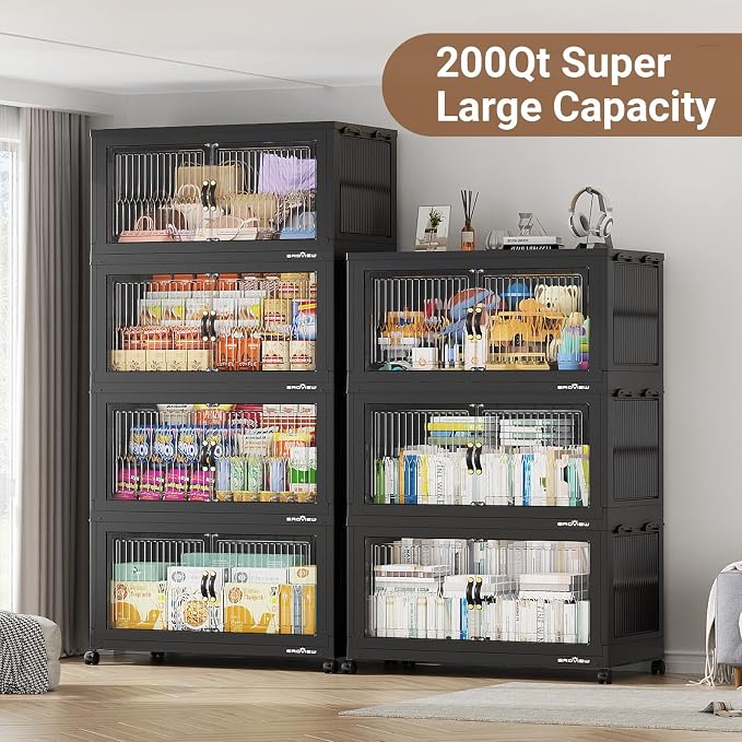 BROVIEW 600 Qt Extra Large Stackable Storage Bins with Lid, Plastic Closet Organizer and Storage Drawer, Collapsible Storage Box with Wheels, Folding Storage Cabinet for Closet Organizing, 3Pack Black