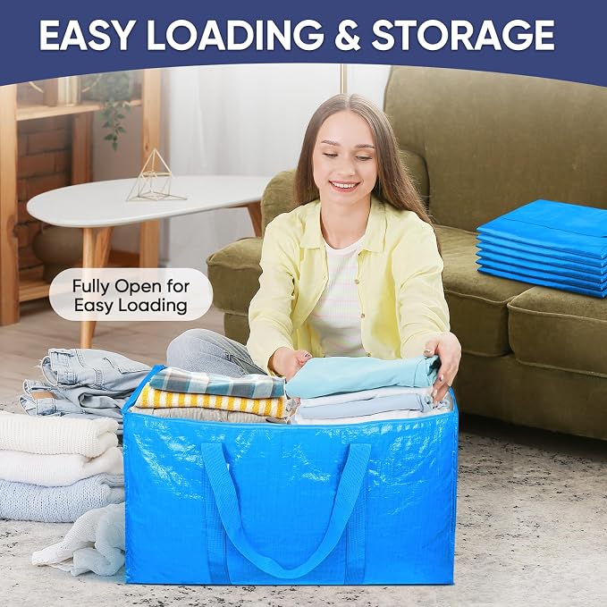 TICONN 4 Pack Extra Large Moving Bags Heavy Duty with Zippers & Carrying Handles, Durable Storage Bags Moving Boxes for Closet Organizers and Storage (4 Pack, Sky Blue)