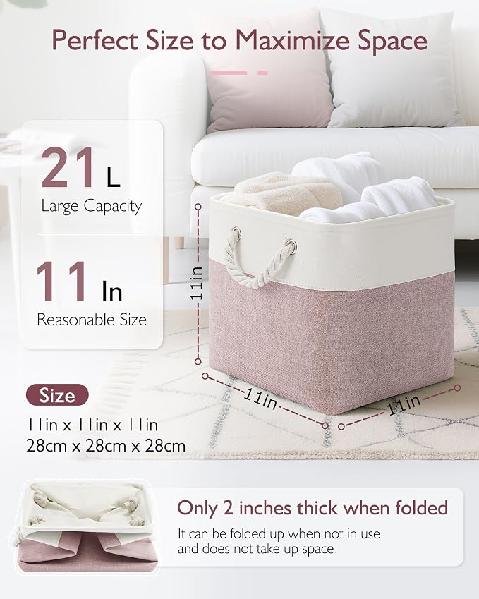 Patvingot 11-Inch Fabric Cube Storage Bins with Handles,4 Pack,Foldable | For cube shelves and closets,keeps grouped for everyday access,reinforced opening and fold-flat storage,white and pink