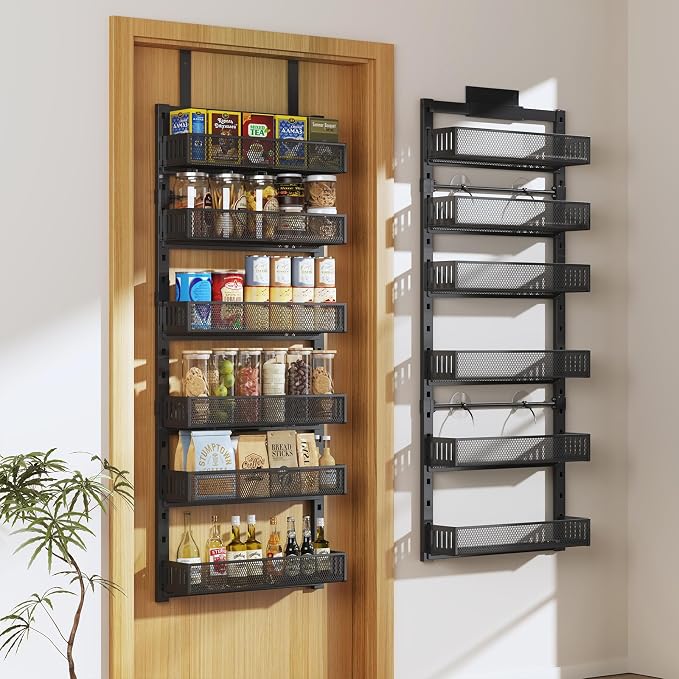 Pantry Door Organizers and Storage, 6-Tier Large Metal Heavy-Duty Frame Over the Door Spice Rack, 2 in 1 Wall-Mounted or Hanging shelf for Kitchen, Bathroom, Laundry Room, Bedroom, Closet &Nursery