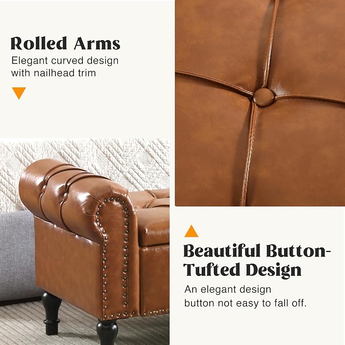 Faux Leather Storage Bench for Bed Room 67 Inch Upholstered Tufted Ottoman Bench with Arms King Size Large Storage Space End of Bed Benches for Bedroom Living Room Entryway Brown