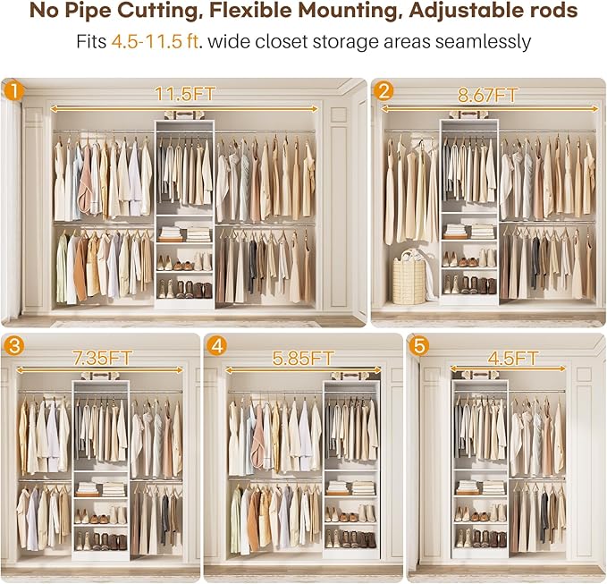 Closet System, 4.5-11.5 Ft Expandable Closet Organizer, White | 5 Hanging Rods, Walk-in Wood Closet Organizer System with Storage Tower, Heavy Duty Garment Rack Wardrobe for Bedroom