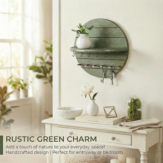Rebee Vision Round Key Holder Wall Mount with 11 Hooks for Hallway, Green | Pine Wood, Round Corner, 2 Kinds of Key Hooks, Plant & Mail Display, Rustic Home Essentials, Entryway Wall Decor