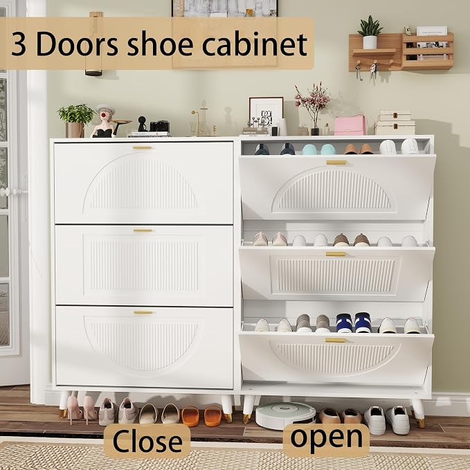 White Shoe Storage Cabinet: 32" Ultra Thin Small Shoe Cabinet for Entryway, Modern Slim and Narrow Hidden Shoes Rack Organizer with Doors and 3 Flip Drawer (1 Piece, 32")