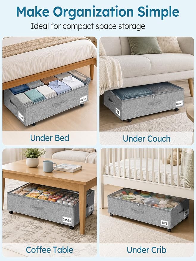 10-in 75L Low Profile Under Bed Storage with Wheels, 2 Pack, Gray | 5 Rotating Wheels, Large Clear lid, Rigid Sides & Bottom, Low Space Storage, Under Bed, Couch, Crib, Dorm Organization