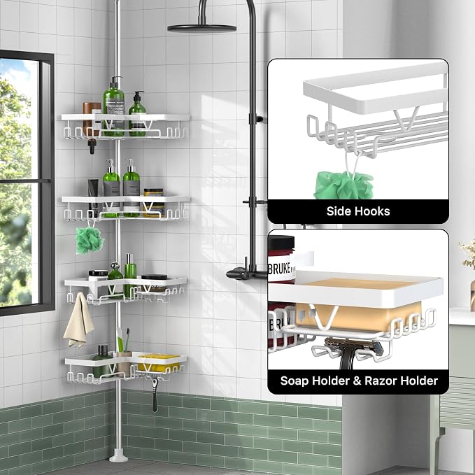 KEGII Corner Shower Caddy Tension Pole, Bathroom Storage, Matte White | 4-Tier Rustproof Steel Design with Soap Holder and Razor Rack, No Drill Space-Saving Storage for Shampoo and Towels