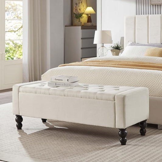 50" W Storage Ottoman Bench with Safety Hinge, Load up to 660 lb Ottoman with Storage, Upholstered Tufted Entryway Bench with Seating for Living Room, Bedroom, (Beige)