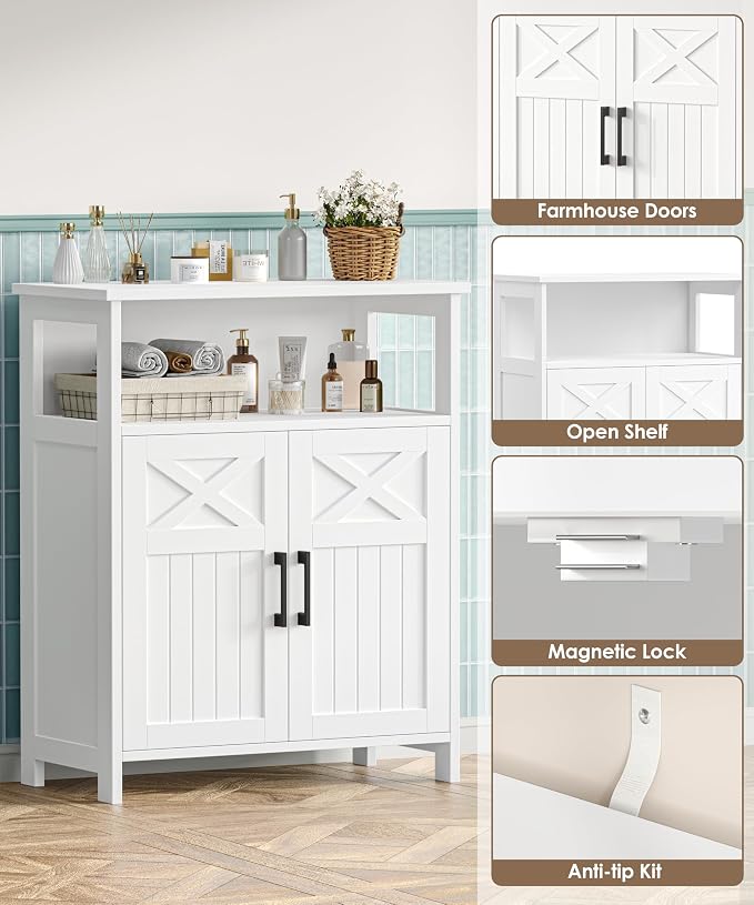 Akxomel Farmhouse Bathroom Storage Cabinet, 11.8" D x 23.6" W Bathroom Floor Cabinet, Small Toilet Paper Cabinet with 2 Doors, Linen Cabinet with Adjustable Shelf for Kitchen, Living Room, White