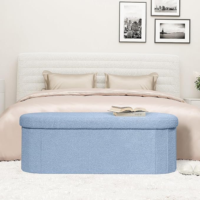 PINPLUS Storage Ottoman Bench Tufted Folding Ottomans Bench Foot Rest, Chest Box Velvet Bench with Storage 43"" x15 x15 (Blue)