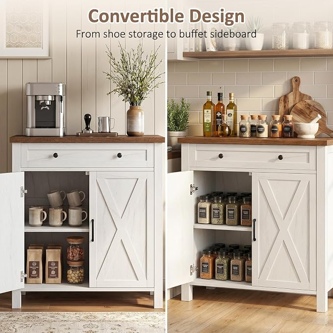 Farmhouse Shoe Storage Cabinet, 5-Tier High Boots Organizer with Adjustable Shelves, Large Drawer & Barn Doors, Entryway Shoe Rack for Hallway Living Room, White