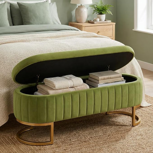 51 Inch Storage Ottoman Bench Velvet End of Bed Storage Bench King Size Upholstered Tufted Bench Large Space for Bedroom Living Room Entryway Light Green