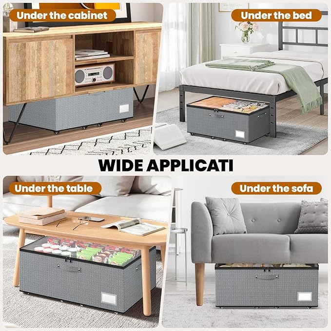Dayacoco Under Bed Storage With Wheels,10in Underbed Storage Containers 65L | Large Capacity Underbed Storage, No Assembly Required Rolling Under Bed Storage for Clothes Blankets Shoes Grey