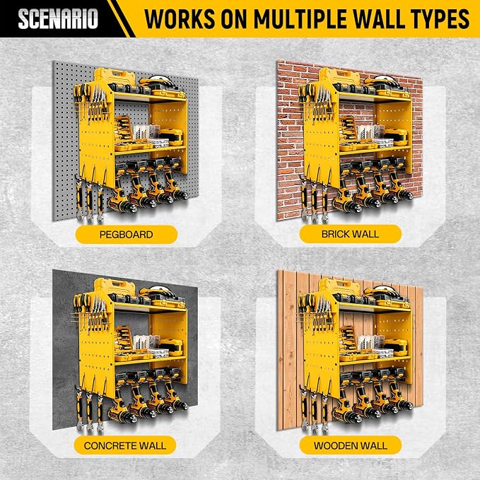 Power Tool Organizer Wall Mount, Garage Drill Storage Shelf with Hooks, Heavy Duty Metal Premium Garage Tool Shelf,Cordless Tool Storage Rack for Garage, Tool Room,Yellow