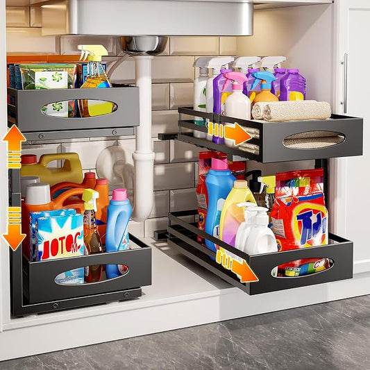 mixeshop Under Sink Organizer, 2 Tier Under Sink Organizers and Storage, Adjustable Height, Slide out Metal Cabinet Organizers, Pull out Cabinet Storage Drawer Shelf for Kitchen Bathroom (Black, 2)