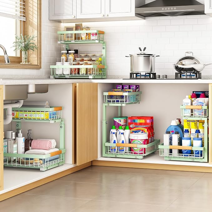 PXRACK Under Sink Organizer, Adjustable Height, 2 Tier Pull Out Under Cabinet Organizer, Slide Out Thickened Metal Under Sink Storage for Kitchen Bathroom Laundry Pantry Cabinet, Green, Large-2-Pack