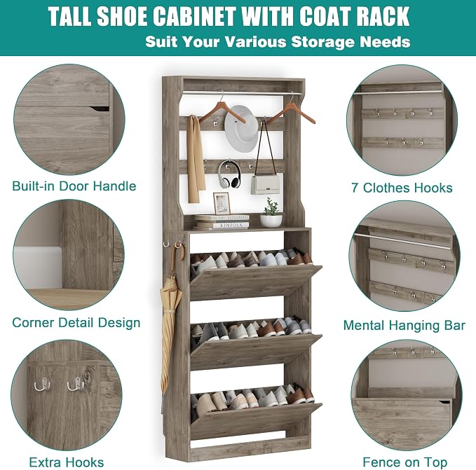 Shoe Cabinet for Entryway with 3 Flip Drawers, Grey Tall Wood Shoe Storage Cabinet with Coat Rack, Narrow Hidden Slim Freestanding Shoe Rack Organizer, 2 in 1 Hall Tree for Living Room, Hallway