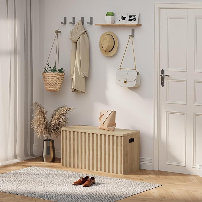 Storage Bench,39.4" Wood Box, Storage Trunk with 2 Safety Hinges, Ottoman Storage Chest, Fluted Storage Bench for Bedroom, Entryway, Living Room (Ivroy White)