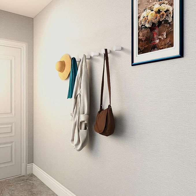 bsdonte 12 Pack Wood Wall Hooks, Modern Decorative Coat Hooks Wall Mounted, Handmade White Hat Hooks Heavy Duty Entryway Wall Hangers for Hanging Towels Robes Purses (White)