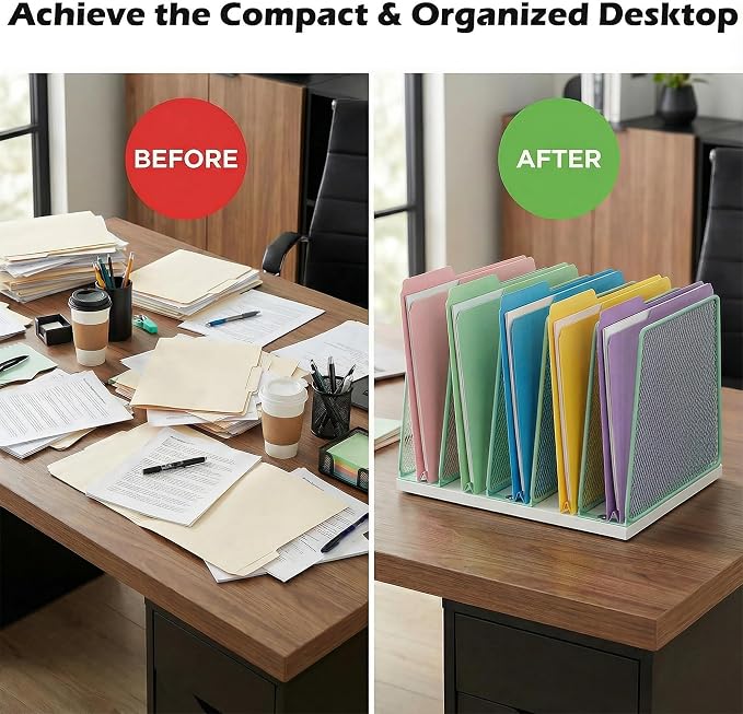 AUPSEN 5-Section File Organizer for Desk, Wood Mesh Desktop File Organizer, File Sorter Storage Rack, Vertical Folder Holder for Files, Magazines, Books (Green)