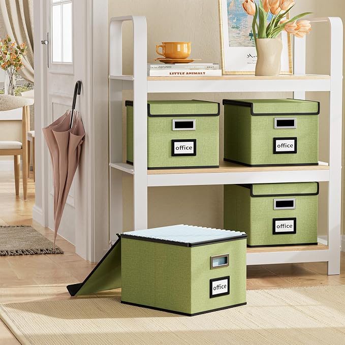 File Organizer Box with Lids, Collapsible File Folder Organizer | File Box with Plastic Slides for Office Document Storage, Filing Bin for Letter Size Hanging File Folders (1 Pack, Green)