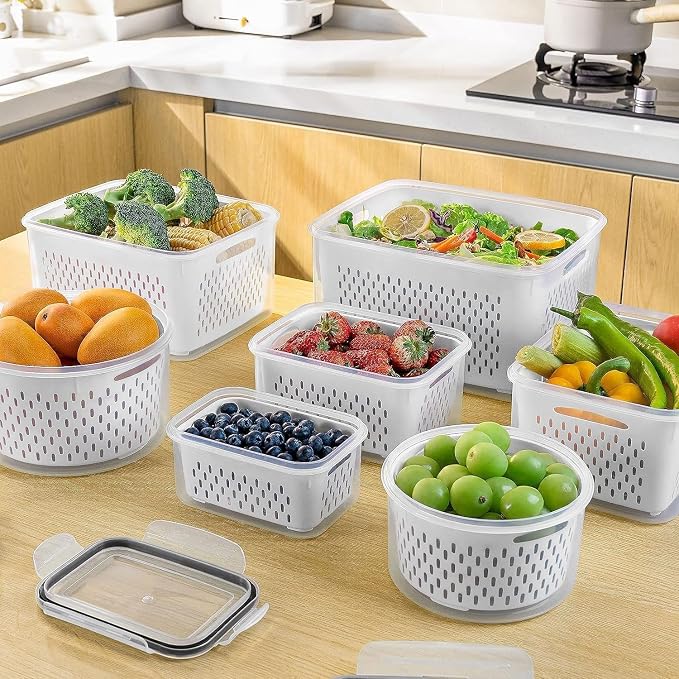 5 PCS Large Fruit Containers for Fridge - Leakproof Food Storage Containers with Removable Colander - Dishwasher & microwave safe Produce Containers Keep Fruits, Vegetables, Berry, Meat Fresh longer | with Removable Colander Leakproof Dishwasher & Micr...
