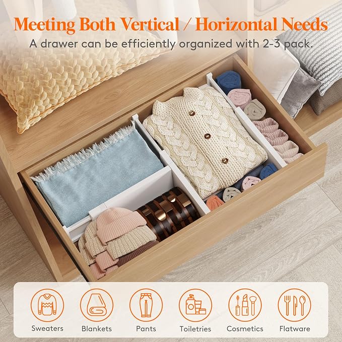 Lifewit 6 Pack 5" High Drawer Dividers 34-56cm/13.5-22" Adjustable Drawer Organizer for Clothes/Utensils, Expandable Drawer Separator in Dresser/Kitchen/Bedroom/Office Organization & Storage White
