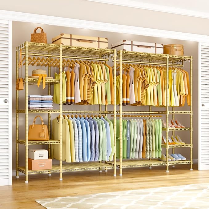F2 Clothes Rack, 5 Tiers Heavy Duty Garment Rack for Bedroom | Freestanding Adjustable Closet Storage Organizer, Portable Clothing Wardrobe, 46.1"W x 15.4"D x 78.3"H, Load 630lbs, Gold
