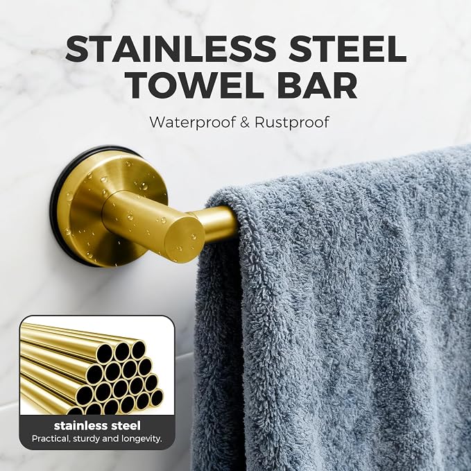 Adjustable Suction Cup Towel Bar for Bathroom Wall,14.6Inch~24 Inch Towel Racks for Bathroom,Stainless Steel Bath Towel Holder for Shower,2 Pack(Brushed Gold)