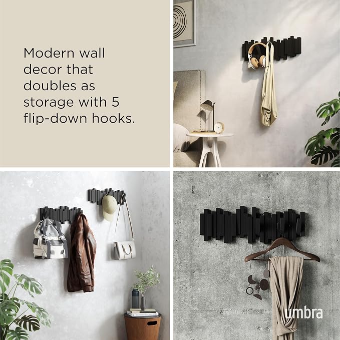 Umbra Sticks Wall Mount Coat Rack, 5 Hook Retractable Pegs, Black | Mounting hardware included, sculptural modern design, entryway or bedroom use, recycled plastic