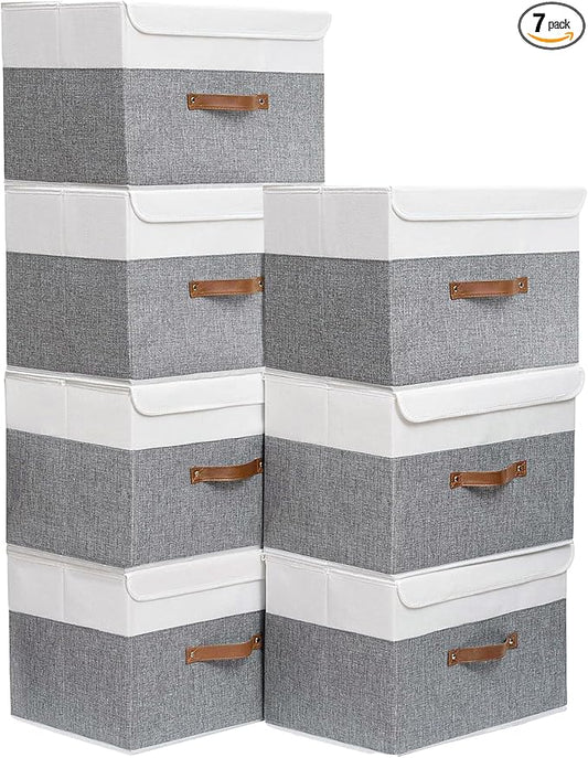 Yawinhe Fabric Storage Boxes with Lids,White/Grey,15.0x9.8x9.8in,7-Pack | Container with Leather Handle,Washable Storage Basket, Clothes Blanket Bin,Collapsible Closet Organizer for Bedroom