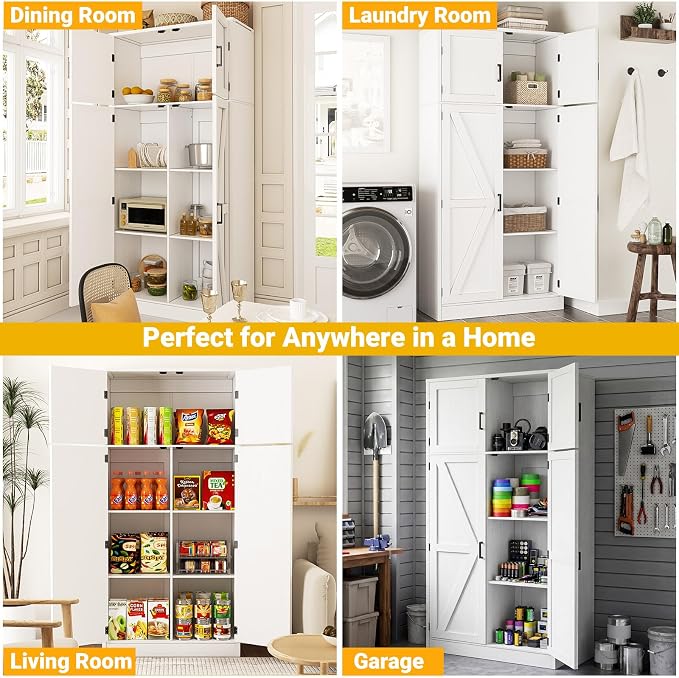 Unikito 71” Tall Kitchen Pantry Storage Cabinet with Adjustable Shelves | Large Farmhouse Storage Cupboard, Barn Doors, Sturdy and Deep, Versatile for Dinning Room, Bathroom, Living Room, White
