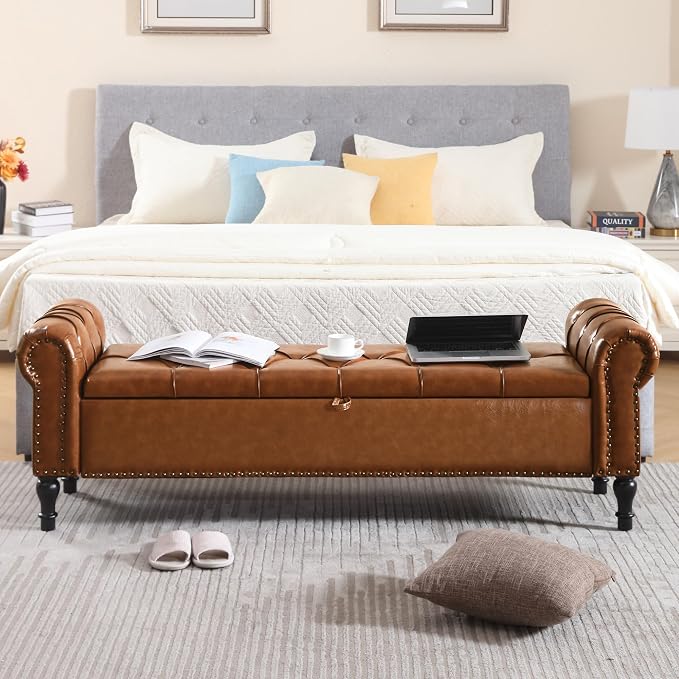 Storage Bed Bench for Bedroom, Faux Leather 67" End of Bed Benches, King Size Bench with Arm, Tufted Button Upholstered Ottoman Bench for Living Room, Entryway, Yellow Brown