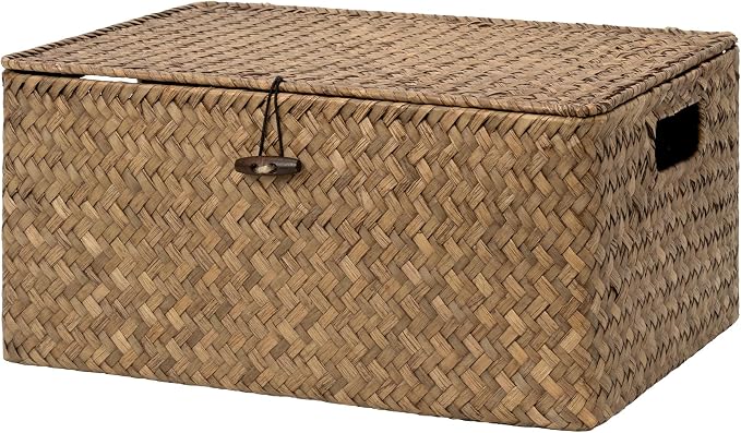 StorageWorks Wicker Baskets with Lid for Organizing, Seagrass Storage Baskets for Shelves, Decorative Box with Built-in Handles, Brown, Large, 1 Pack