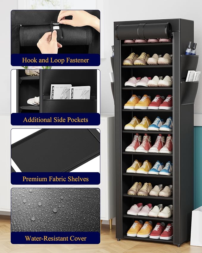 Kitsure 10-Tier Shoe Rack with Cover, Vertical Shelf, 17.5" Wide, Black | Space Saving Shoe Storage with Side Pocket, Shoe Organizer for Closet, Entryway, Bedroom, Zapateras Organizer