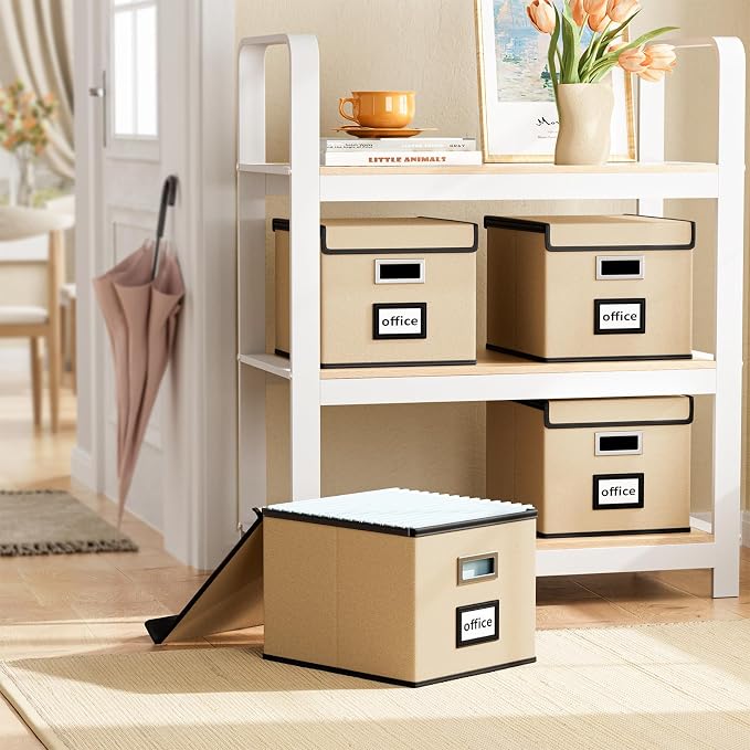 File Organizer Box with Lids, Collapsible File Folder Organizer | File Box with Plastic Slides for Office Document Storage, Filing Bin for Letter Size Hanging File Folders (2 Pack, Brown)