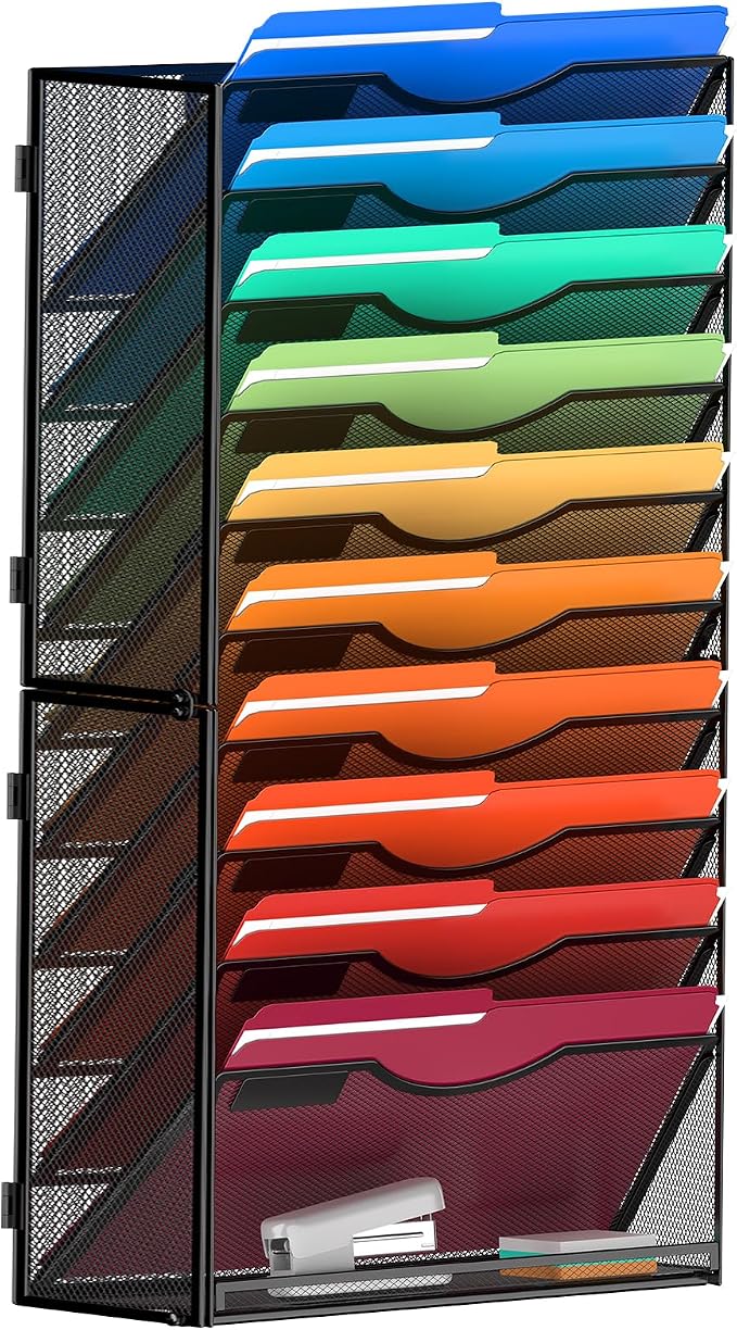 MINDEPOT 11 Tier Wall File Holder Hanging Wall Mount Paper File Organizer for Mails Folders Document Magazine Organization, for Office School Home, Black