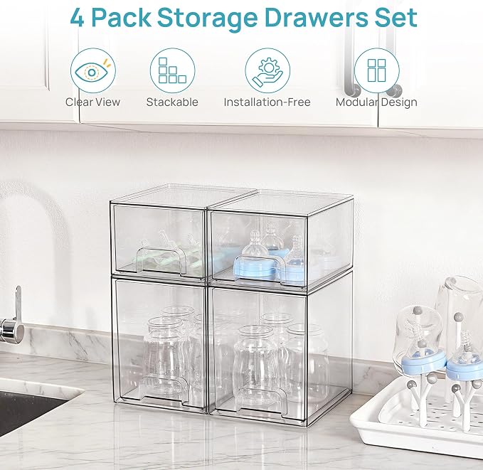 Vtopmart 4 Pack Baby Bottle Organizer Set, Stackable Storage Drawers Ideal for Kichen Countertop, Vanity, Bathroom, Cabinet, Pantry Organization