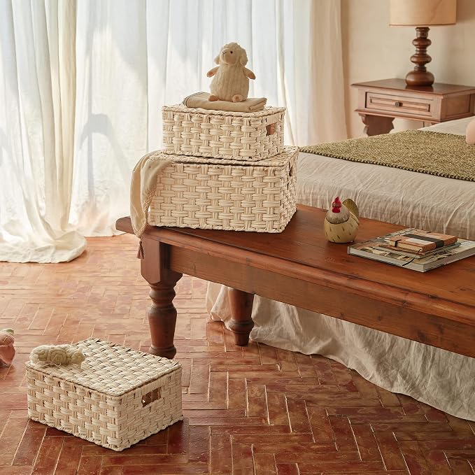 Granny Says Wicker Baskets With Lids, Woven Storage Basket With Lid | Woven Baskets With Lids, Wicker Baskets For Storage, Decorative Storage Boxes, Woven Stackable Basket with Lid for Organizing