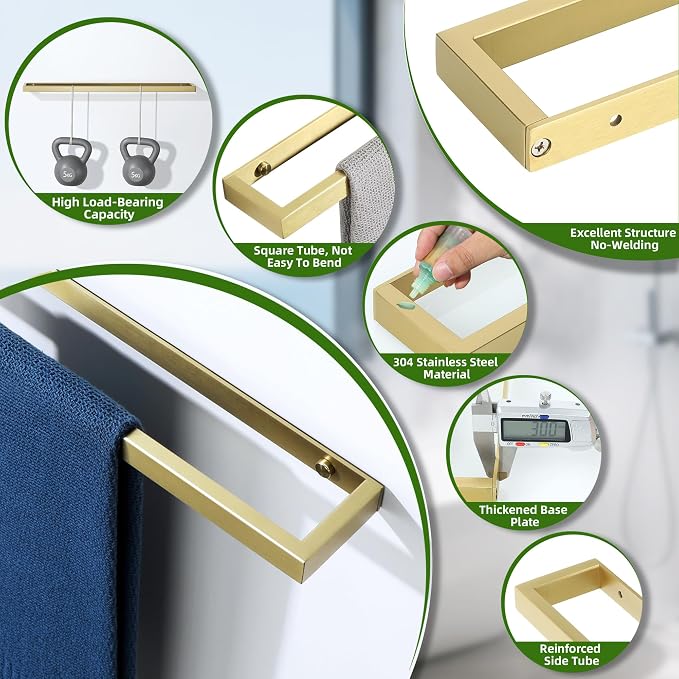 Alise Hand Towel Holder Towel Bar for Bathroom Wall Mounted 12 Inch,Gold | Towel Rack for Bathroom Lavatory,SUS304 Stainless Steel Towel Rail for Bath Kitchen Walls,Self-adhesive or Drilling Mount